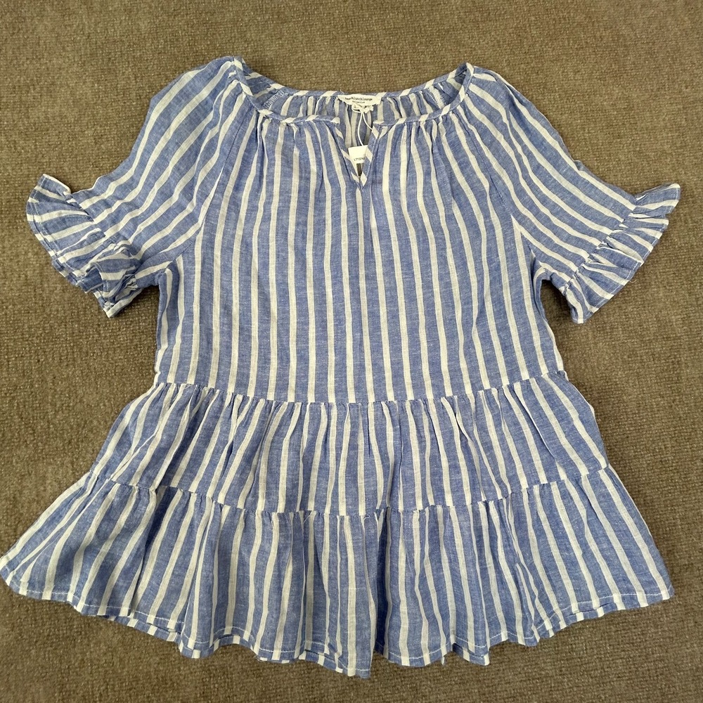 Beach Lunch Lounge Akia Peplum Top Womens XS Blue Linen Striped Raglan Sleeve